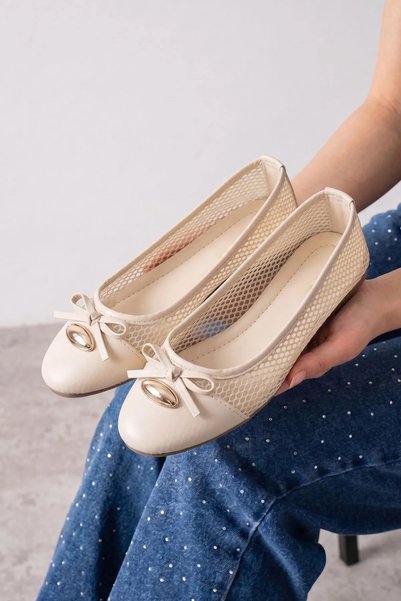 FUGA MODA Odette Beige Mesh Bowknot Ballerinas with Gold Drop Accessories