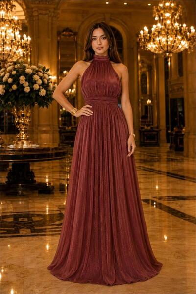 Neşeli Butik kadın kiremit halter yaka janjan kumaş premium abiye elbise NBMY4128