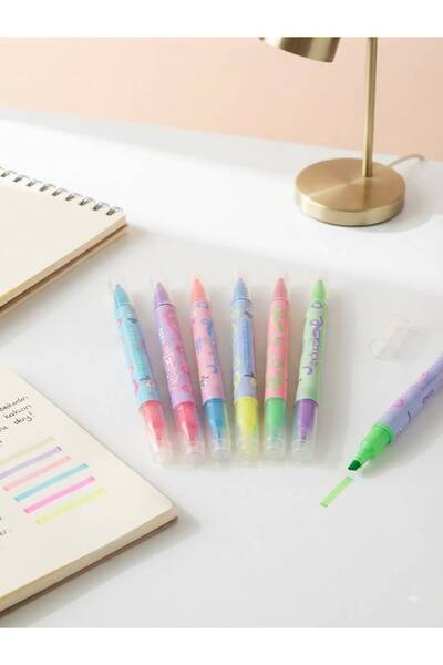 tüftürük Double-Ended Highlighter Pen Set of 6 Colorful Pens with Cut and Rou...