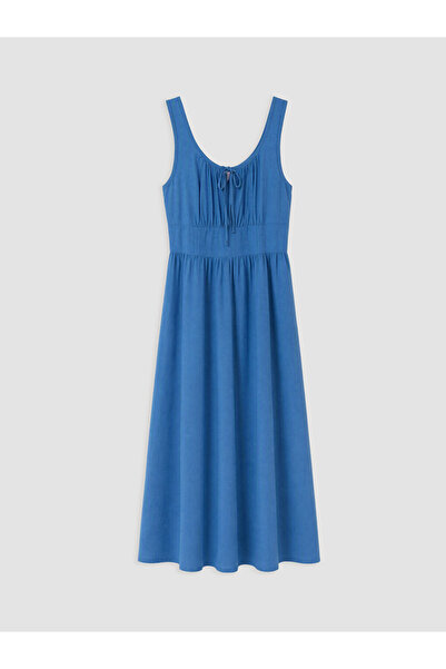 LC Waikiki Blue U-Neck Flared Dress with Tie Detail