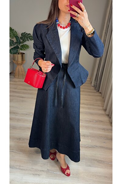 Midiverenkli Peplum Denim Ceket Maksi Etek Takım
