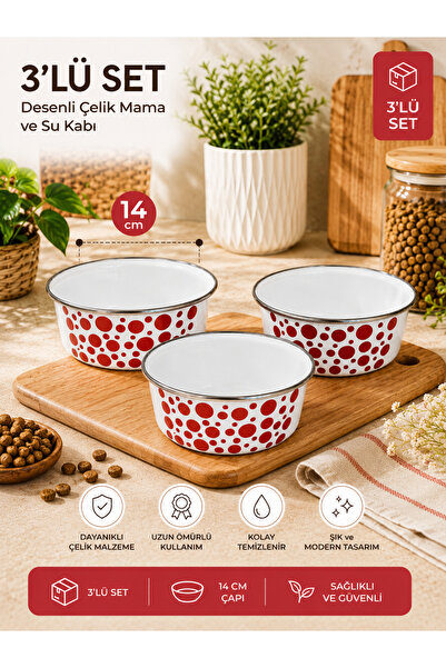 ALEV EMAYE 3’lÜ Emaye Kase Seti 14 cm – Kırmızı Puantiyeli, Dekoratif, Çok Am...