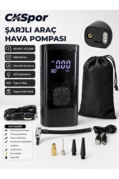 SLİPT CKSPOR Şarjlı Araç Hava Pompası 150 PSI Dijital Otomatik Durdurmalı Taşınabilir Kompresör