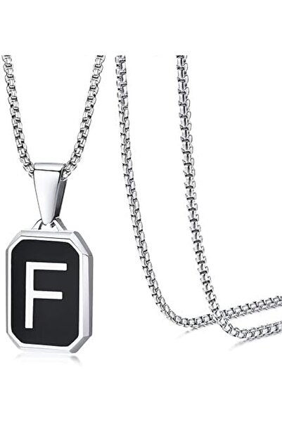 ASKIND Letter F Pendant Necklace for Men and Women, Square Black and Silver L...