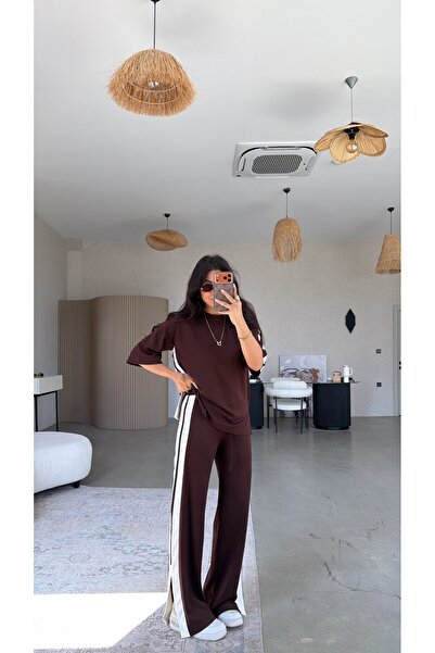 Buket Teke Brown Double Stripe Detailed Slit Modal Tracksuit Set