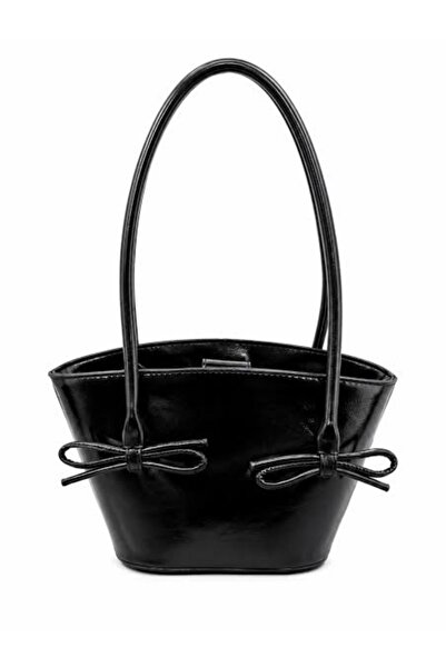 Melos Butik Women's Black Leather Hand and Shoulder Bag with Bow Detail