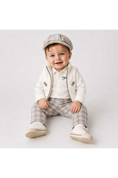 kidsense Baby Boy Plaid Pants, Shirt, Puffer Vest and Hat 4-Piece Set