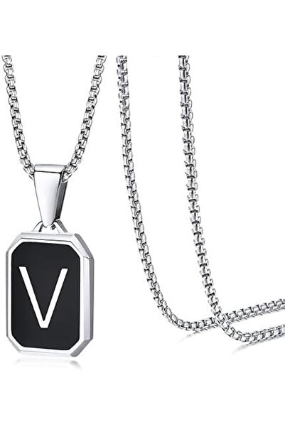 ASKIND V-Shaped Pendant Necklace for Men and Women, Black and Silver Square V...