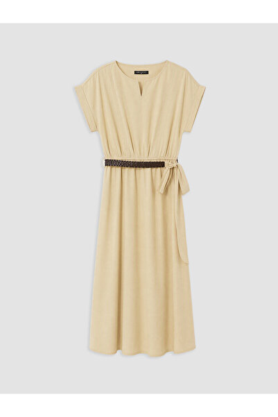 LC Waikiki Beige Off-The-Shoulder A-Line Dress with Belted Waist