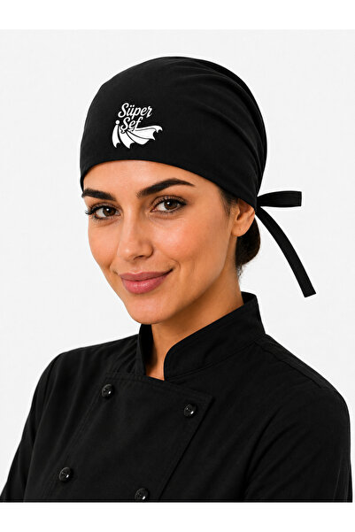 İŞ MARKETİM Likralı Süper Chef Baskılı Aşçı Bonesi Siyah Bağlamalı Unisex Şef...