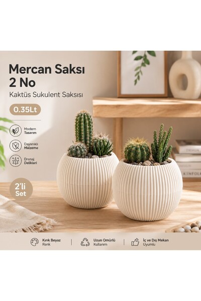 2 Adet 0.35 Lt No 2 Kaktüs Ve Çiçekler İçin Dekoratif Ve Şık Yuvarlak Mercan Saksı Orta Boy No2