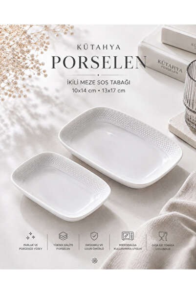 Kütahya 2'li Meze Sos Tabağı 10x14 cm 13x17 cm Porselen Sunum Tabağı