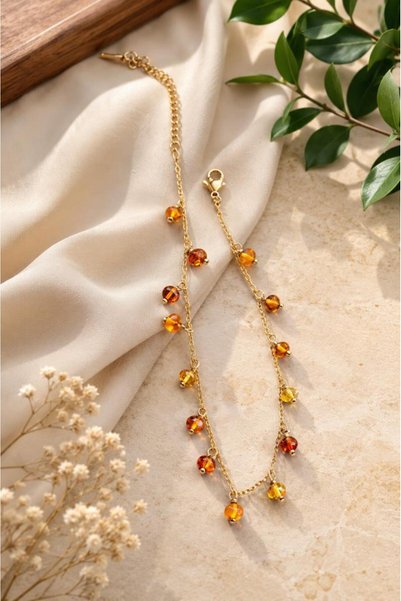 Hd Marketim Amber Anklet with Steel Chain – Stylish Anklet with Natural Amber Stones