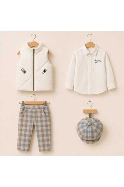 kidsense Baby Boy Plaid Pants, Shirt, Puffer Vest and Hat 4-Piece Set