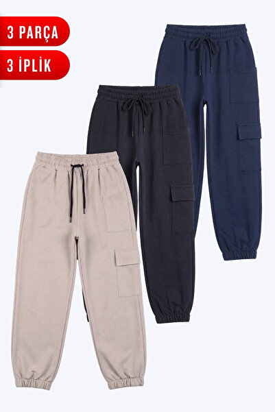 FYK KİDS 3-Piece Girls' 3-Strand Cargo Pocket Straight Jogger Sweatpants