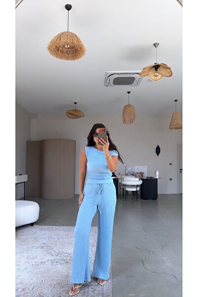 Buket Teke Baby Blue Bubble Off-Shoulder Blouse and Pants Set