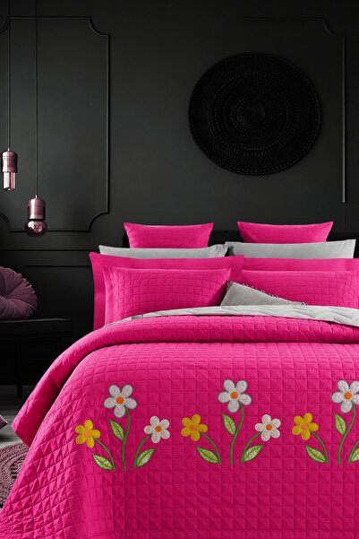 İQON Double-Sided Quilted Double Bedspread (1 Piece) Fuchsia Flowers