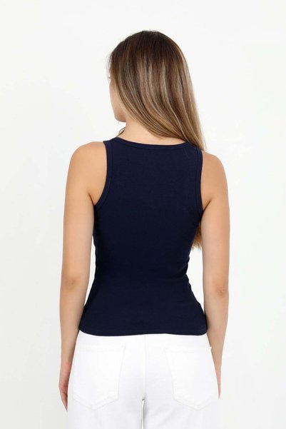 HDM Women's Ribbed Thick Strap Basic Navy Blue Athlete Blouse - H6159