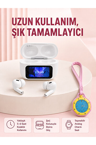 Lisinya Wireless Headphones with Screen and Pink Bag Charm Watch Set -