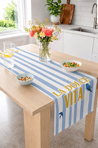 Realhomes La Dolce Vita Written Bird Figured Blue Striped 40X140Cm Digital Pr...