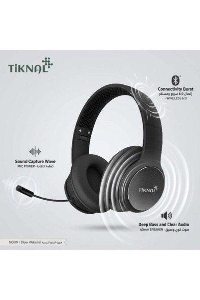 Tiknal سماعات رأس TK-H121، سماعة ألعاب لاسلكية بتقنية بلوتوث 6.0 مع ميكروفون، ومشغلات صوت ستيريو 40 ملم، وبطارية تدوم حتى 40 ساعة - أسود
