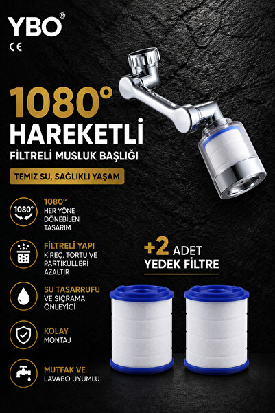 YBO 1080° Hareketli Filtreli Musluk Başlığı + 2 Adet Yedek Filtre Mutfak Lava...