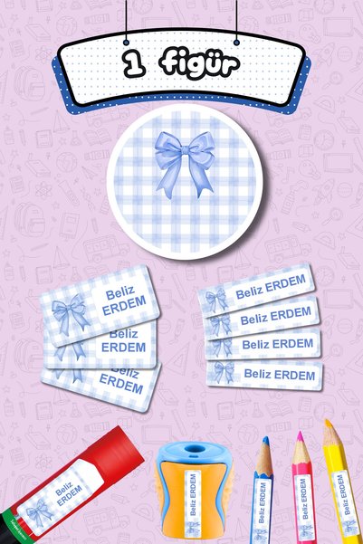 Sticker Ekspres Okul Etiketi Mavi Kurdeleli Ekose Kalem Defter Etiketi Özel İsim Yazılabilen Etiket 245 Adet İsim Etiketi