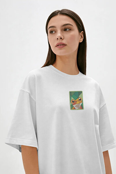 Nakışlı Kurbağa Desenli Oversize Tişört, Origami Tarzı Kurbağa Figürlü Unisex T-Shirt