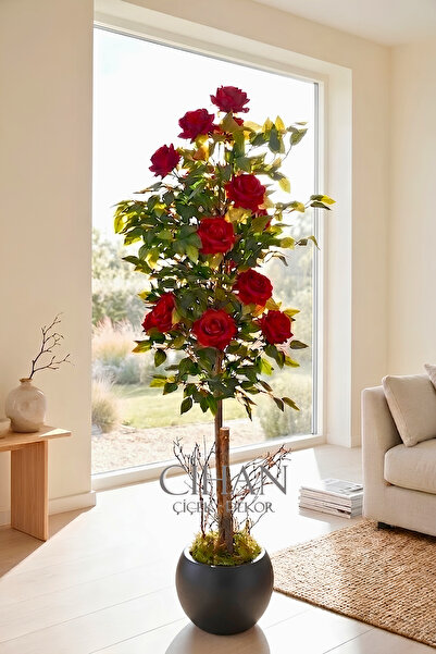 Cihan Çiçekçilik Yapay 10 Güllü Kırmızı Gül Ağacı 150 cm 27x33 Siyah Küre Sak...
