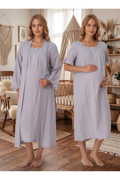 Yulem Homewear Gray Muslin Fabric Soft Textured Cotton Maternity Dressing Gow...