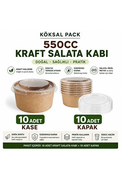 Köksal Pack 10 Adet 550 CC Kraft Salata Kabı 10 Adet Şeffaf PET Kapaklı Bowl ...