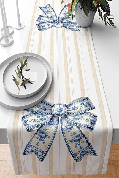 Realhomes Blue Tile Ribbon Bow and Thin Line Patterned 40X140Cm Digital Print...