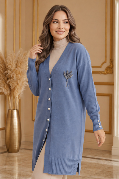 benguen Collar Detailed Long Mercerized Cardigan N3260 Indigo
