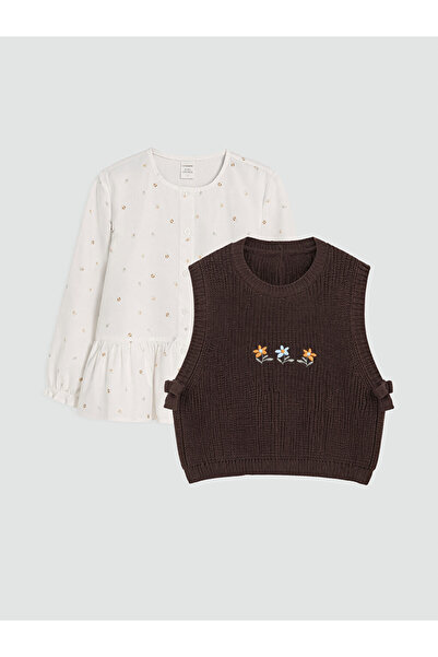 LC Waikiki Girl's Embroidered Knitwear Sweater and Shirt Set