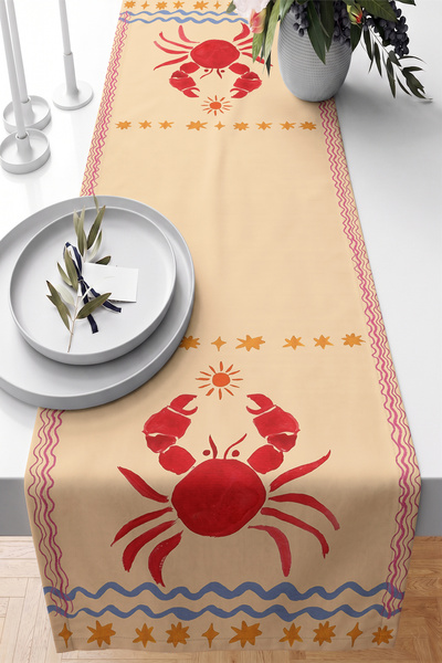 Realhomes Red Crab Figured Sea-Themed Wave and Star Patterned 40X140Cm Digita...