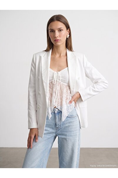 Dilvin 60815 Lyocell Karışımlı Blazer Ceket-Beyaz