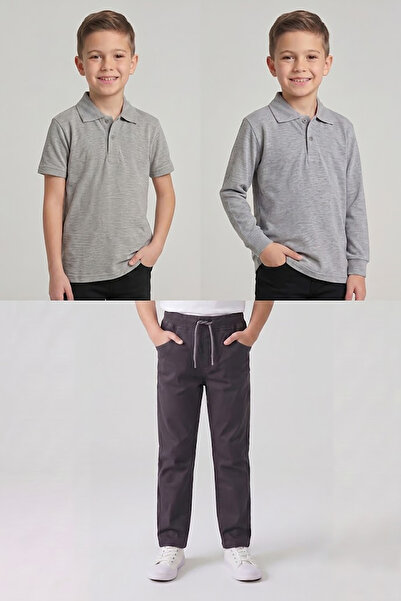 nacar çarşı Boys' School Gray Long and Short Sleeve Polo Collar T-Shirt Smoke...
