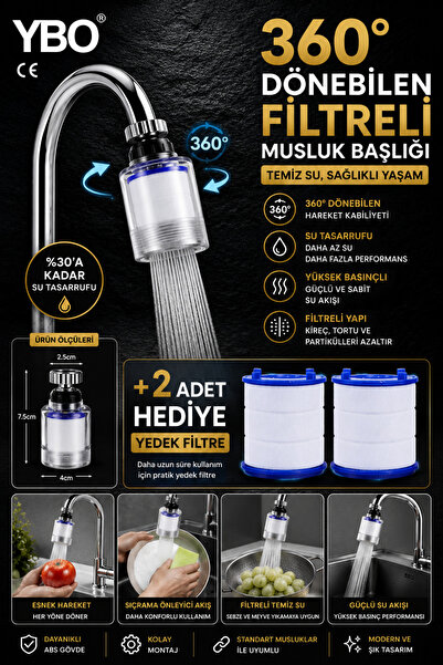 YBO 360° Dönebilen Filtreli Musluk Başlığı +2 Adet Hediye Yedek Filtre Su Aıt...