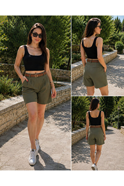 cesita Women's Brown Belted High Waist Khaki Bermuda Shorts