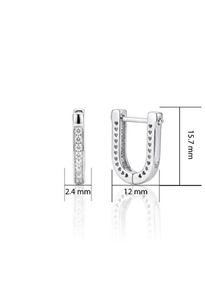 Söğütlü Silver 925 Ayar Gümüş Beyaz Altın Rodyumlu Kalp Oymalı U Modeli Küpe - Kalp Motifli Zirkon Taşlı Diktörtgen