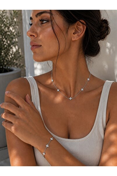 ATALYA ACCESSORY Mini Clover Steel Bracelet and Necklace Set - Tarnish-Resist...
