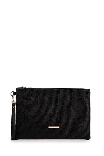 minebag Wrist Strap Metal Detailed Clutch Women's Bag Madame Straw Black