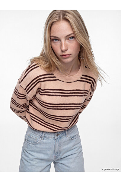 LC Waikiki Pink Striped Oversize Women's Knitwear Sweater