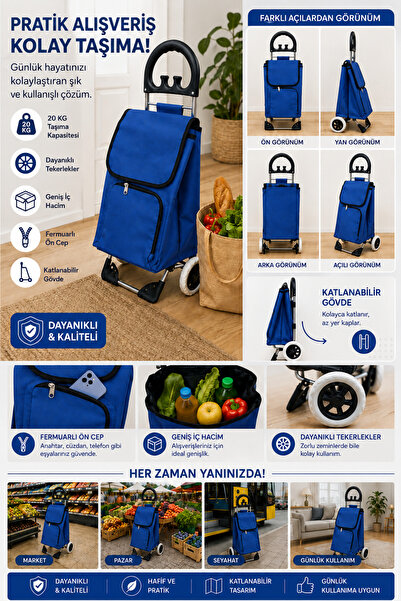 General Store Katlanabilir Pazar Arabası - Tekerlekli Alışveriş Çantası – Fer...