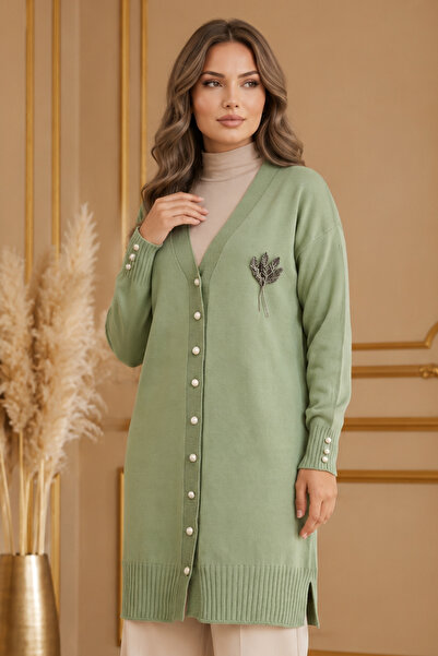 benguen Collar Detailed Long Mercerized Cardigan N3260 Çağla