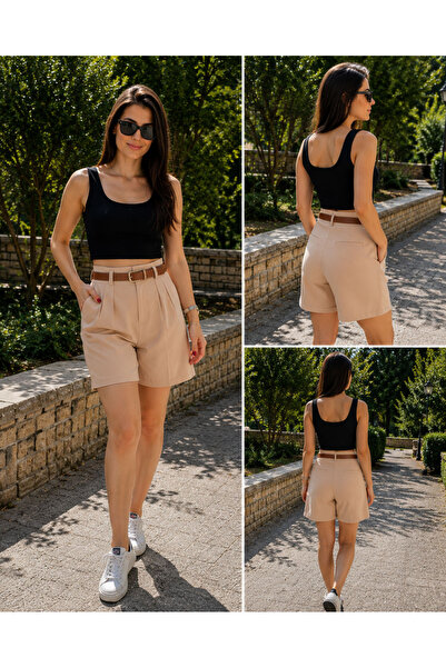 cesita Women's Brown Belted High Waist Beige Bermuda Shorts