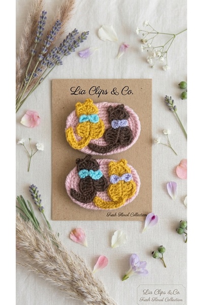 LİA CLİPS CO Hand Knitted Set of 2 Hair Clips with Cat Figures