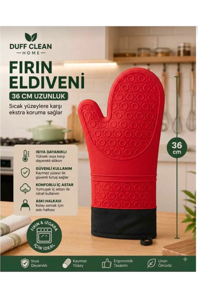 DUFF CLEAN 1 Adet Yüksek Isıya Dayanıklı Yanmaz Silikon Eldiven 36 Cm Fırın E...