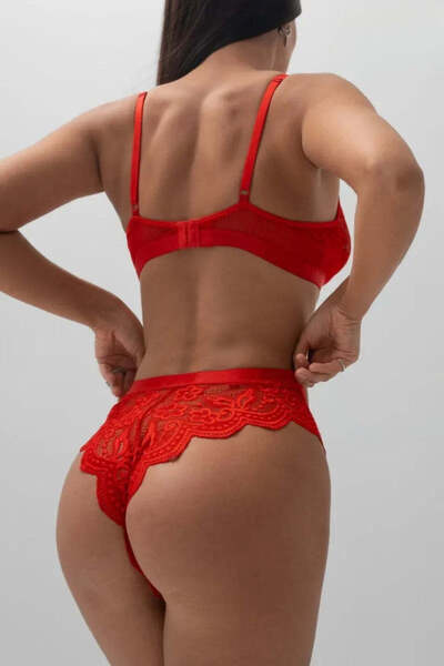 Trendyup Set lenjerie intimă sexy femei 2 piese Flavia, sutien și chilot brazilian din dantelă, Roșu