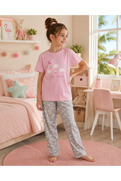 İpek Set de pijamale pentru fete, cu mâneci scurte, imprimeu „Sweat Dreams” c...